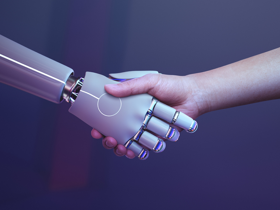 Robot handshake human background, futuristic digital age
