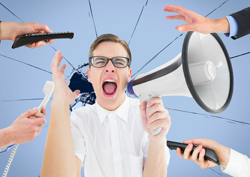 Digital composite image of male executive shouting on megaphone