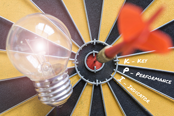 KPI key performance indicator with idea bulb lamp and dart successful on bullseye, Smart goals concept for success business
